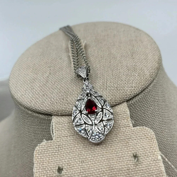 Vintage QVC Diamonique Garnet Necklace - Sterling Silver 925 - Picture 8 of 17